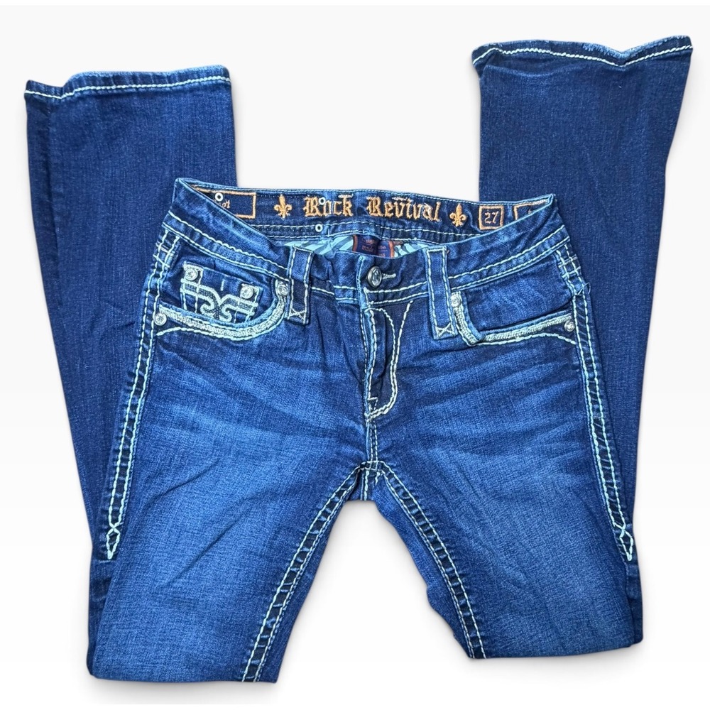 Rock Revival Bootcut Jeans Dark Wash Contrast Stitch Fleur De Lis Size 27 Fit 28